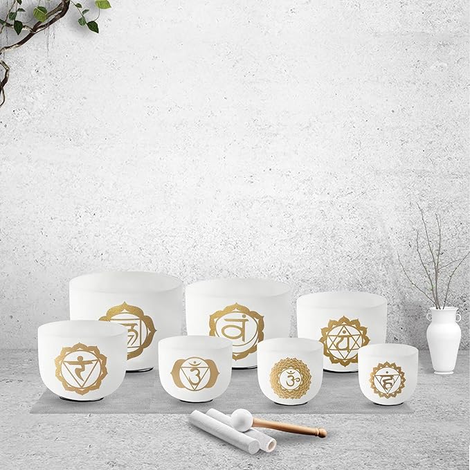 Ryan Dvan 432Hz 7-12 Inch 7 Gold Chakra Design Crystal Singing Bowl Set Frosted Quartz Crystal Sound Therapy Kit with Mallets 2 Cases O-Ring for Yoga Meditation Energy Balancing Reiki Healing