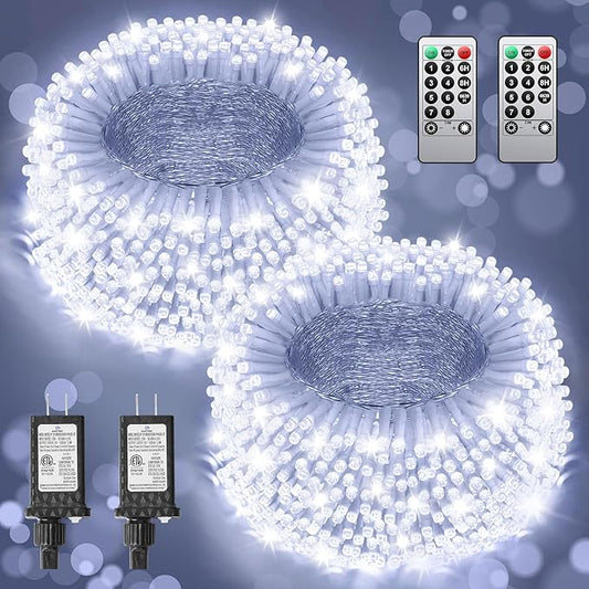 Cool White Christmas Lights Outdoor Total 710FT 1800 LED, 2 Packs 900 LED String Waterproof, Timer & Memory, 8 Modes Dimmable Plug in Fairy for Outside Tree Holiday Party Wedding Decor