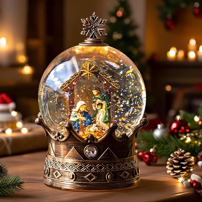 Snow Globe Lighted Christmas Decorations, Nativity Manger Scene Musical Crown Snow Globe Lantern with Swirling Glitter, Christmas Holiday Party Gifts and Decorations