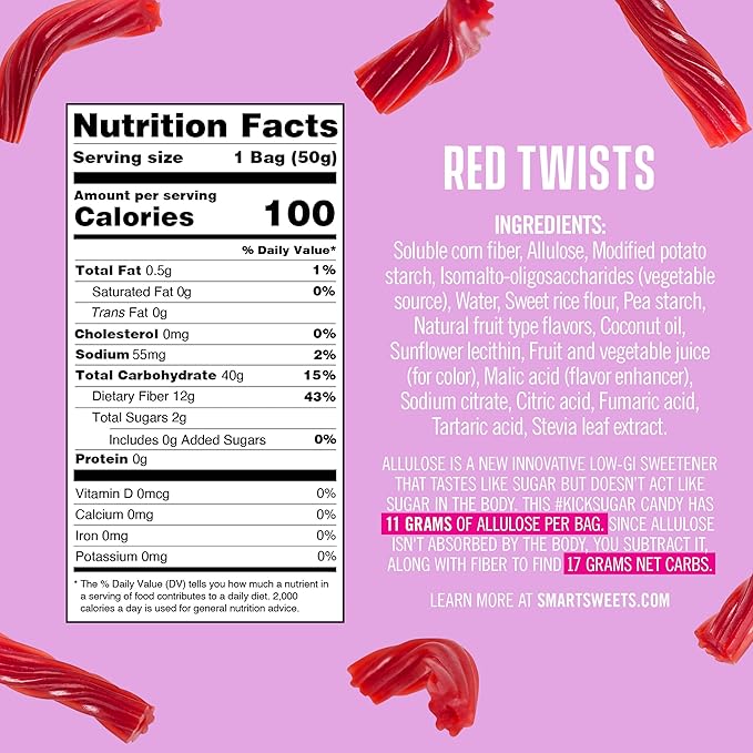 SmartSweets Red Twists, 1.8oz (Pack of 12), Licorice Gummy Candy with Low Sugar (2g), Low Calorie (110), No Artificial Sweeteners, Plant-Based, Gluten-Free, Healthy Snack for Kids & Adults