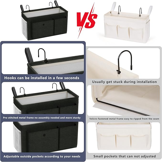 Bedside Caddy Bedside Organizer with Fixed Straps & Water Bottle Holder, Bunk Bed Caddy ideal for Home, Dorm, Hospital, Crib, Versatile Bedside Storage Solution (Black 2pcs)