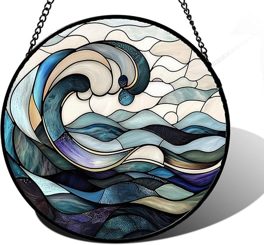 Stained Glass Window Hanging, Ocean Waves Sun Catchers Diamond Glass Panel Hangings Abstract Suncatcher Decor for Birthday for Women, Men, Wife, Aunt, and Mom 9.8 in