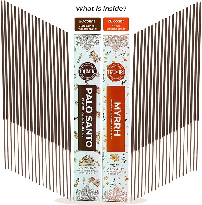 Trumiri Incense Sticks - Combo Pack of 40 Insence-Sticks - 20 Palo Santo + 20 Myrrh - Insenses - Insents - Incents - Inscense - Incence - Incienso - All Natural Incense Sticks