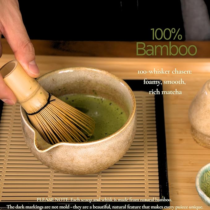 Matcha Set, Handcrafted Bamboo Chasen & Ceramic Bowl, 5 Pcs Matcha Set Whisk and Bowl with Stainless Steel Sifter, Bamboo Scoop & Holder for Matcha Tea Ceremony, Taupe