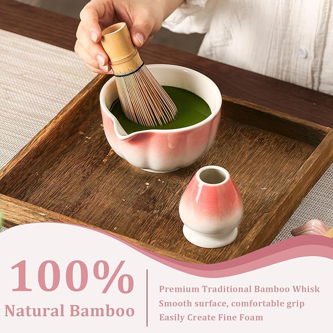 Matcha Whisk Set, 7-Pack Peach Pink Matcha Set - Include Ceramic Petal Matcha Bowl with Spout, Bamboo Whisk, Chasen Holder, Sifter, Scoop, Tea Towel, Scoop Rest - Matcha Making Kit for Tea Lover