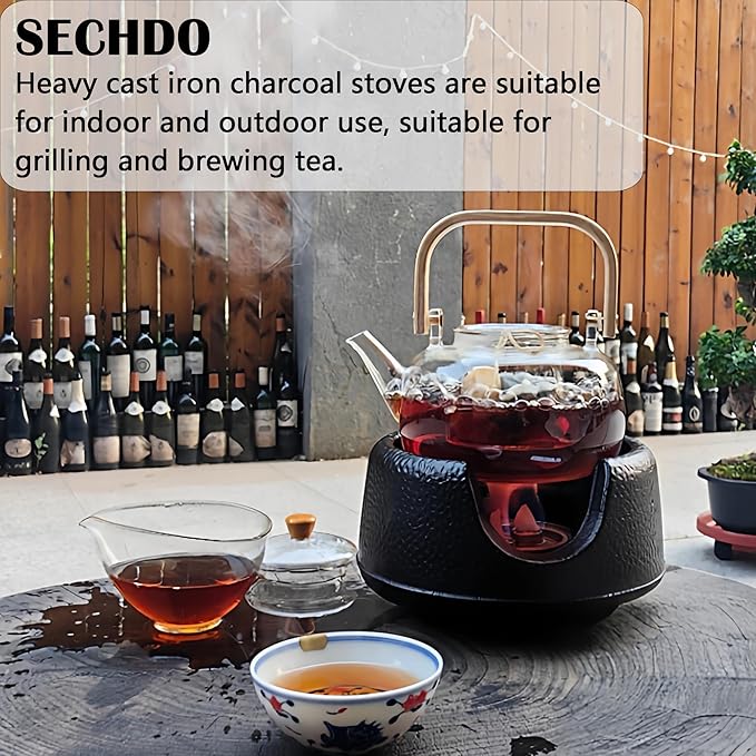 Cast Iron Teapot Warmer with Candle, Small Heavy Charcoal Stove for Tea Pot, Tea Kettle Warmer Set with Trivet, Barbecue Grill, Hibachi with 18/8 Stainless Steel Mesh