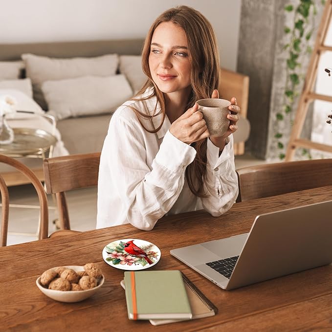 Cardinal Coasters Set of 4, Absorbent Ceramic Stone Coasters with Cork Base, Winter Christmas Home Decor, Ideal Gifts