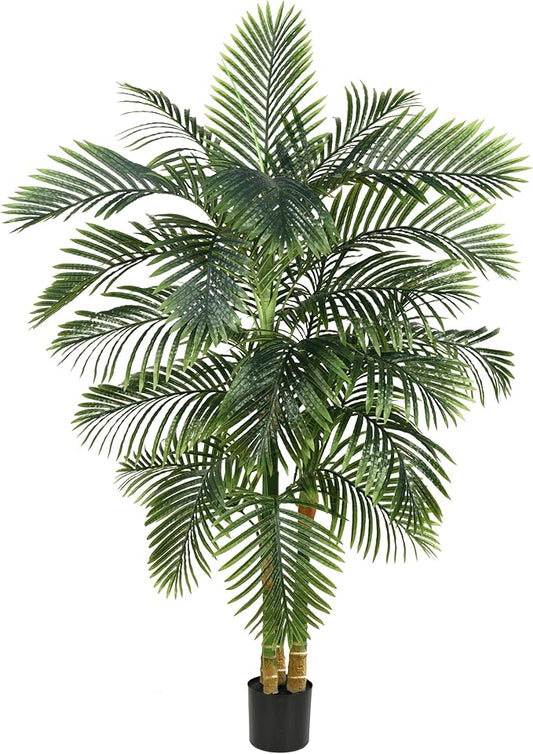 Artificial Palm Tree Indoor Plant 6FT Tall Fake Tropical Palm Tree in Pot with Real Bark Design Faux Areca Palm Tree for Home Office Living Room Bedroom Farmhouse Modern Outdoor Decor (22 leaves 6 FT)