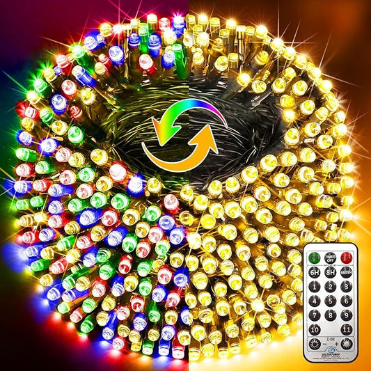 KNONEW 720 LED 328FT Christmas Lights Outdoor Green Wire Color Changing String Lights with 11 Modes & Timer Dimmable Fairy Light for Xmas Tree Roof Yard Wedding Decorations(Warm White to Multicolor)