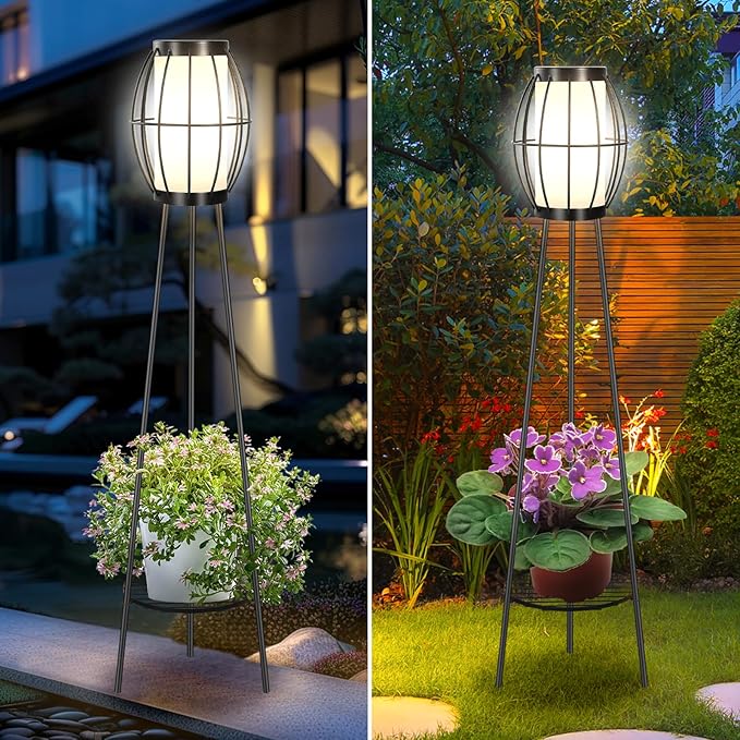 Outdoor Solar Lights with Plant Stands, 37" Metal Solar Powered Outdoor Floor Lamp Waterproof Auto On/Off, Outdoor Floor Lamps for Yard Deck Patio Porch Walkway Driveway Garden Decor