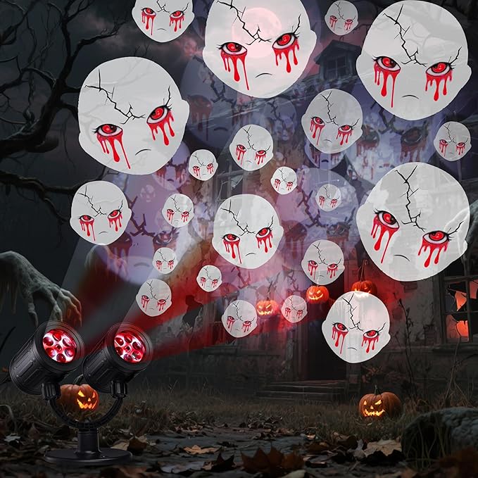 Toodour Halloween Projector Lights Outdoor, Double Head Dynamic Halloween Lights Projector with Timer, Waterproof White Ghost Decorations Light for Indoor Outdoor Home Window Wall Decorations
