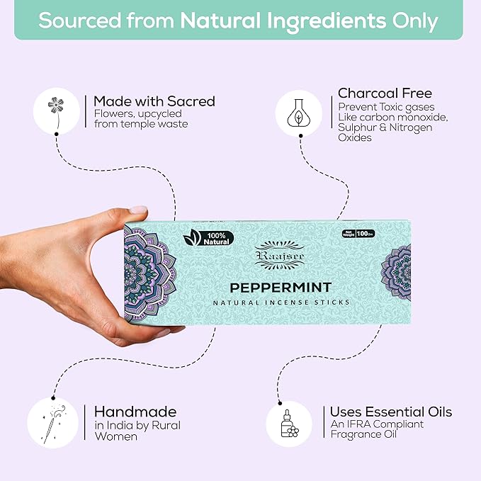 Peppermint Incense Sticks 100 gm Pack, Charcoal Free - 100% Natural,Organic Non Toxic Insence Sticks, Inscents Made with Flowers, Meditation Gifts for Spiritual Cleansing, Relaxation