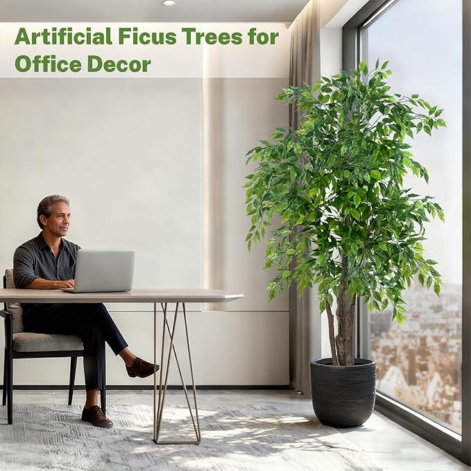 Ficus Tree Artificial with Triple Trunks, 5.5ft Fake Ficus Tree in Black Pot, Tall Artificial Tree Potted Plant for Indoor Outdoor Home Office Living Room Patio Bedroom Decor