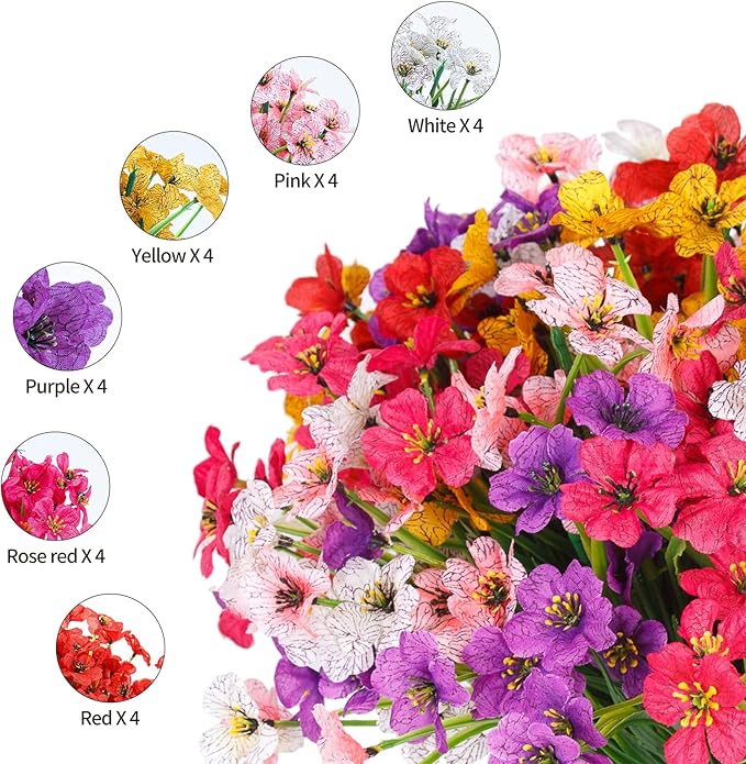 24 Bundles Artificial Flowers for Outdoor Indoor Garden Home Decoration, Plastic Flowers Decoration,Artificial Plants for Indoor Outside Garden Home Wedding Farmhouse (Mix 6 Color)