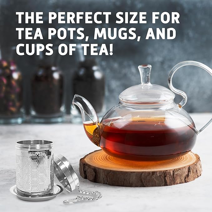 Sou Zen Tea Infuser (2 Pack & Teaspoon Scoop) | Extra Fine Hex Mesh Loose Leaf Tea Strainers | 304 Stainless Steel Tea Steeper with Extended Chain Hook | Perfect for Brewing Loose Tea, Herbs & Spices