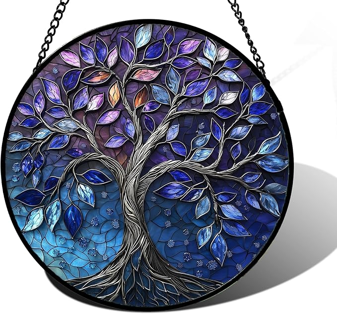 Stained Glass Window Hanging, Blue Purple Tree of Life Sun Catchers Colorful Glass Panel Plants Suncatcher Decor for Birthday for Women,Men,Wife, Lovers, and Mom 7.8 in