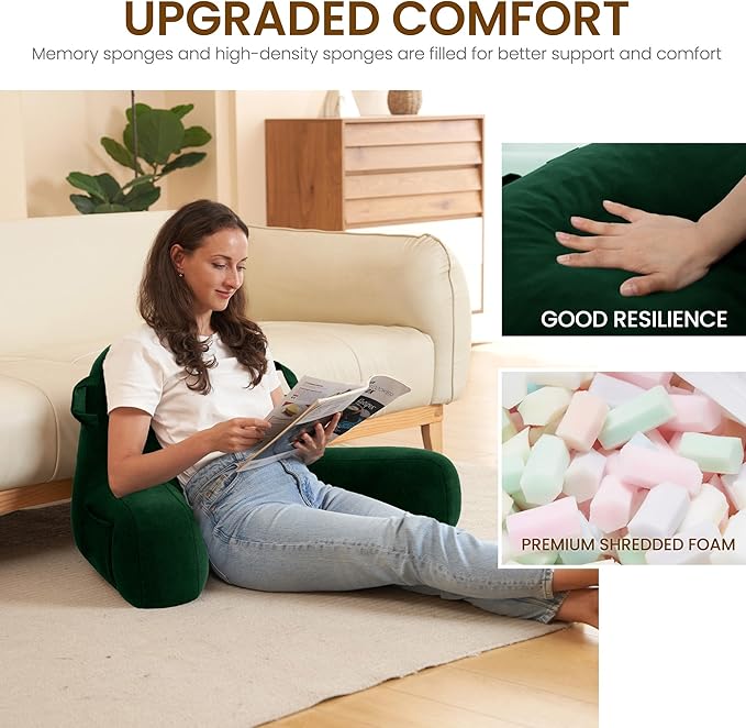Portable Comfy Reading Pillows for Bed Sitting Up(Dark Green Oeko-Tex), Velvet Back Pillow with Arms & Pockets for Adults, Support Memory Foam Bed Pillow for Dorm/Reading/Watching/Gaming