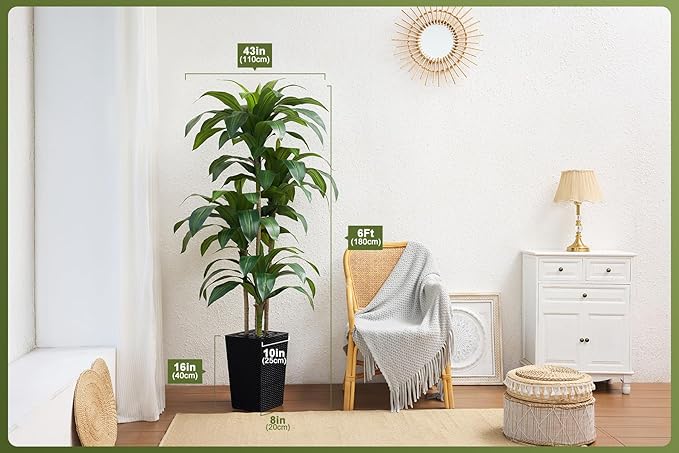 Artificial Dracaena Tree 6FT - Fake Tree with Black Taper Planter & Pebbles - UV Resistant Faux Yucca Tropical Plant - Artificial Trees for Home Office Living Room Decor Indoor Outdoor