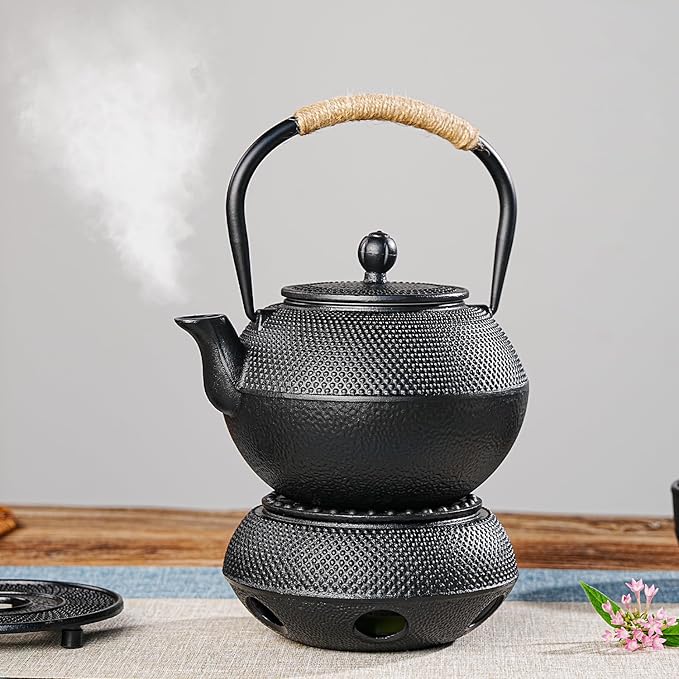 Sungmor Black Cast Iron Teapot Warmer - Japanese Tea Heater Base with Candle Holder, Heat Retaining Stand for Tetsubin or Glass & Ceramic Teapots