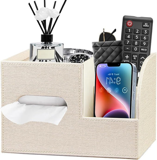 Leather Square Tissue Box Cover with Storage Tray,Cube Tissue Box Holder,Modern Facial Paper Organizer with Remote Control Holder for Bathroom,Vanity Countertop,End Table NightStand Home Office.Beige
