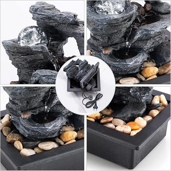 Tabletop Fountain Rotating Ball Rock Waterfall Fountain Office Includes Many Natural River Rocks Decorated with Colorful Lights, 9.05" L x 6.89" W x 10.23" H