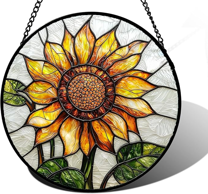 Stained Glass Window Hanging - Sunflower Flower Suncatcher Ready to Hang Window Doors Home Decoration and Christmas, Mother's Day Birthday Gifts for Women, Men, and Mom 9.8x9.8 in
