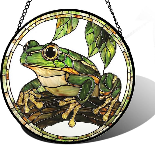 Stained Glass Window Hanging, Frog Green Leaf Sun Catchers Colorful Glass Panel Cool Suncatcher Decor for Birthday for Women, Men, Wife, Aunt, and Mom 6.3 in