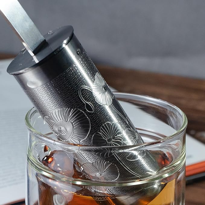 Stainless Steel Tea Infuser Stick with Scoop Lid for Loose Leaf Tea | Gold Reusable Tea Steeper Strainer, Long Handle Pipe Filter | Elegant Tea Accessory Gift for Tea Lovers