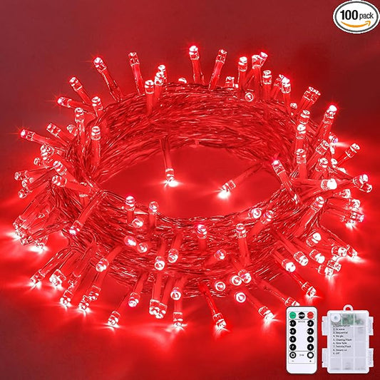 JMEXSUSS 33ft 100 LED Red Battery Operated Lights with Remote, Red Christmas Lights Battery Operated, Christmas String Light Indoor Outdoor for Tree House Yard Xmas Decor