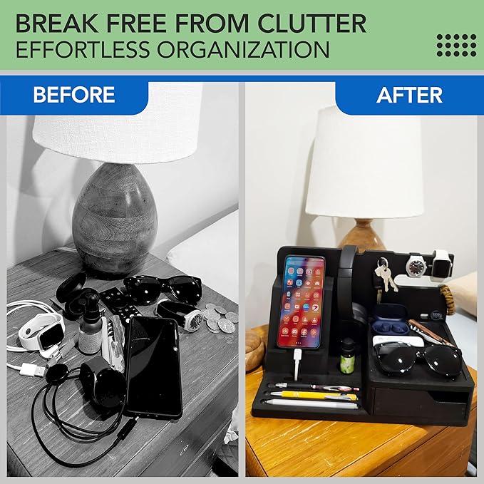 Nightstand Organizer- Bedside Docking Station for Men- Unique Gifts for Husband, Father or Dad from Wife, Son or Daughter- Desk Organizer for Phone, Watches, Wallet & Accessories (Black)