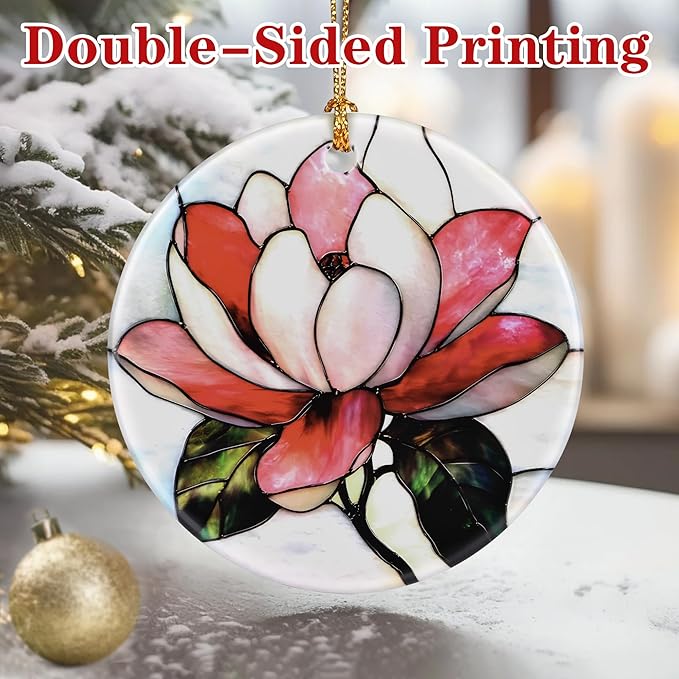 Magnolia Flower Ornament – Christmas Decoration & Christmas Ornament; Round Ceramic (Holiday Present, Bauble Present, Gift Idea, and Gift Exchange) | Heirloom Keepsake