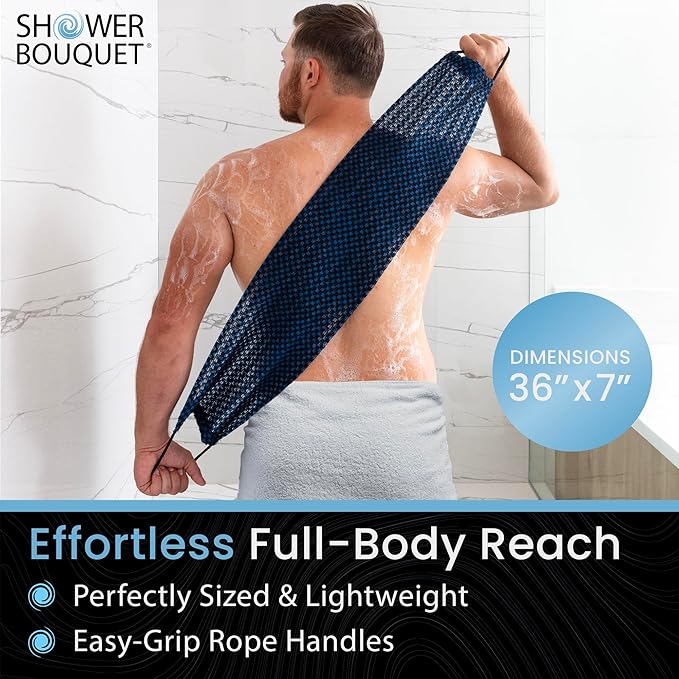Japanese Exfoliating Washcloth for Back & Body - Charcoal & Silver Ion Exfoliating Towel with Handles - Two-Sided Gentle Exfoliation & Deep Cleansing Soft Body Wash Cloths for Shower - Blue
