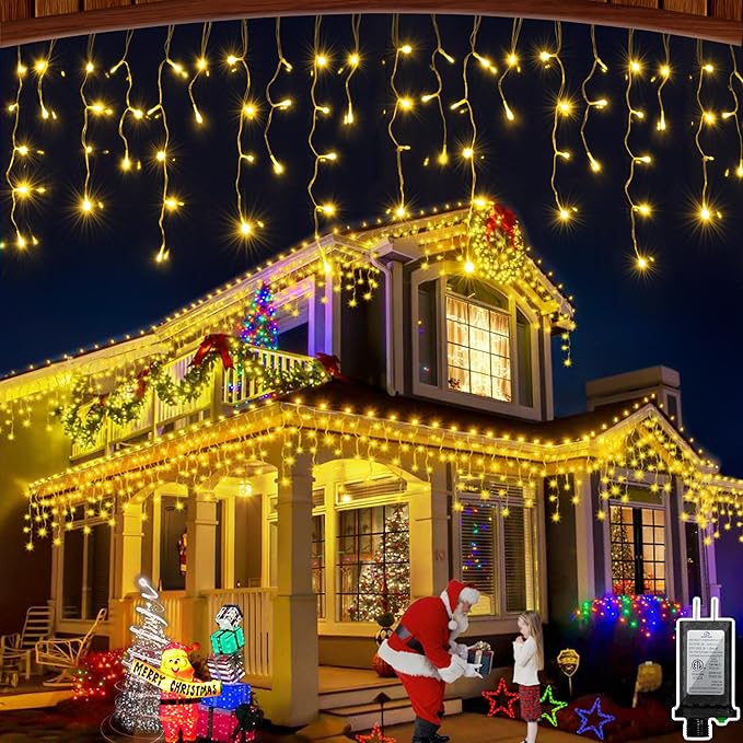 50FT 504 LED Outdoor Christmas Lights - 112 Ice Drops, 12 Pro Modes with Timer Memory & Brightness, Waterproof Hanging Ice String Light for Holiday Wedding Garden Fence House Decor (Warm White)
