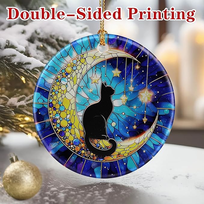Black Cat Ornament – Christmas Decoration & Christmas Ornament; Round Ceramic (Holiday Present, Bauble Present, Gift Idea, and Gift Exchange) | Heirloom Keepsake