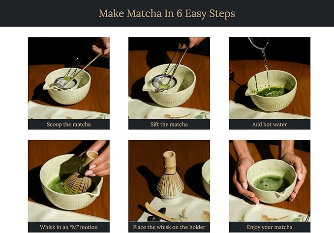 Matcha Whisk Set – 7 Pcs Matcha Kit - Ceramic Bowl, Bamboo Whisk & Holder, Scoop, Sifter, Scoop Rest & Tea Towel – Elegant Matcha Kit for Tea Lovers, Home Decor & Zen Spaces (Green)