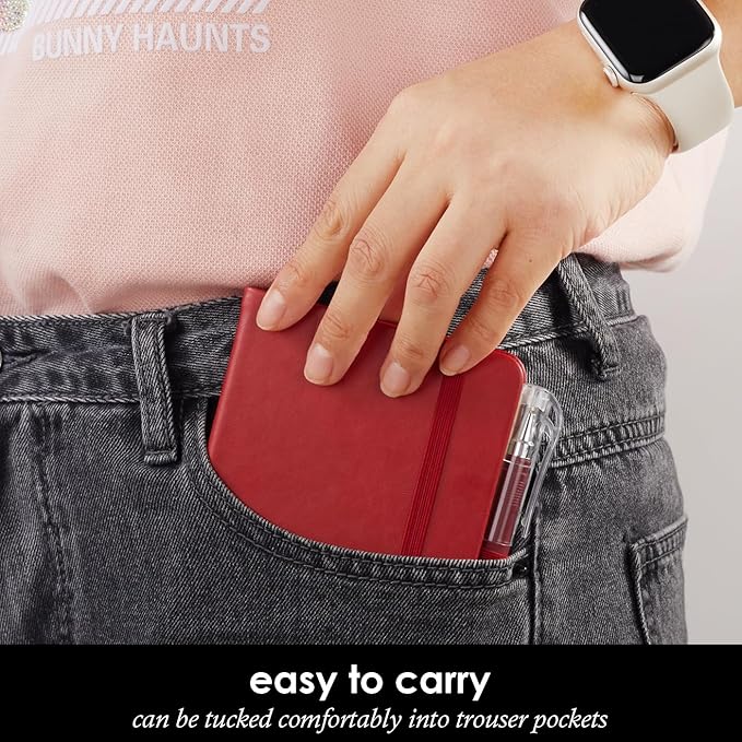 Small Leather Notebook Journal Notepad with Pen for Writing Women, Mini Pocket Small Notepad Lined Address Note Book Note Pads for Work Travel, Red Waterproof Leather Cover Notebook