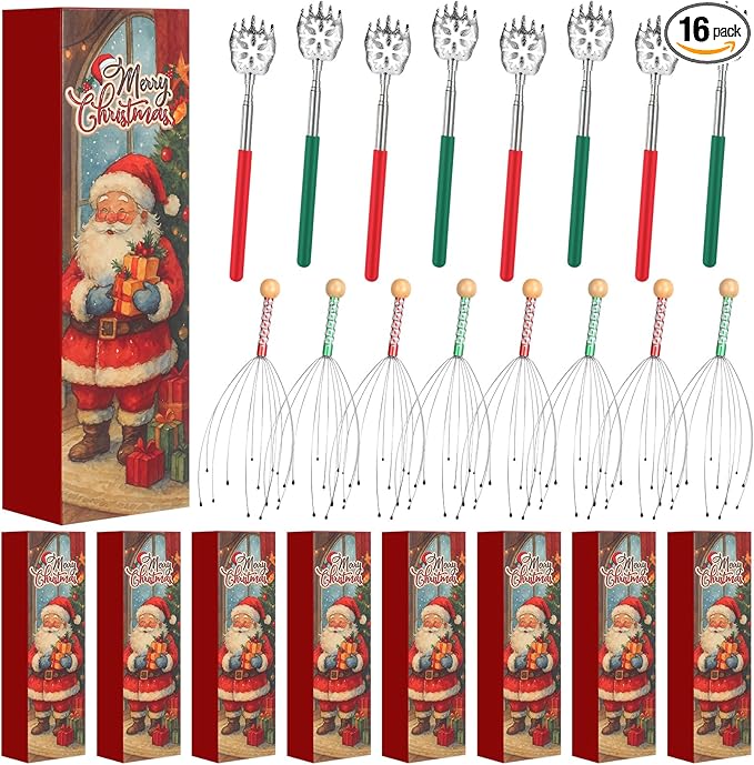 16 Pcs Head Massager and Back Scratcher with Christmas Gift Box, Scalp Massager Extendable Back Scratcher Tool for Body Relax Stress Relief Stocking Stuffers for Men Women(Snowflake)