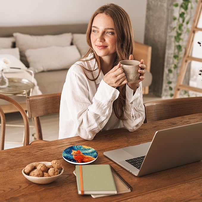 Starry Night Cat Coasters Set of 4, Round 4" Absorbent Ceramic Stone Coasters with Cork Base, Cute Table Home Decor, Ideal Gifts for Women Men