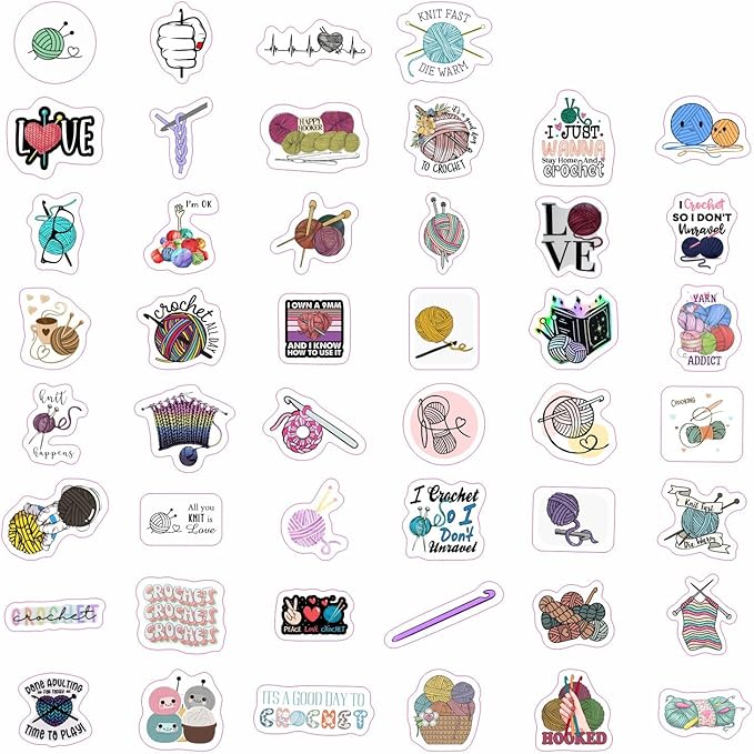 BulbaCraft 100Pcs Crochet Stickers and Knitting Stickers for Water Bottle and Laptop - Waterproof Vinyl Yarn Decals Laptop Decals, Gifts for Women & Men