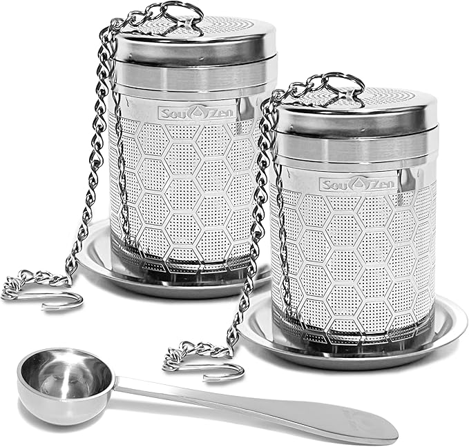 Sou Zen Tea Infuser (2 Pack & Teaspoon Scoop) | Extra Fine Hex Mesh Loose Leaf Tea Strainers | 304 Stainless Steel Tea Steeper with Extended Chain Hook | Perfect for Brewing Loose Tea, Herbs & Spices