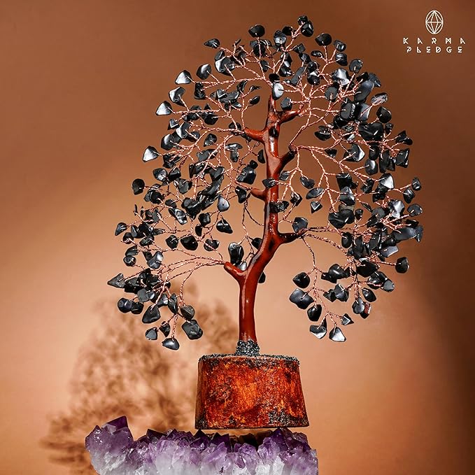 KARMAPLEDGE Black Obsidian Healing Crystal Tree Spiritual Gifts for Women, Handmade Home & Office Decor, Chakra Tree of Life Bring Positive Energy, Good Luck, Money, Yoga, Reiki Healing, for Dad