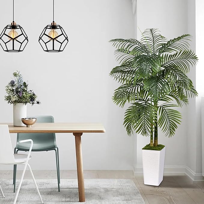 Artificial Palm Tree Indoor Plant Tall Fake Tropical Palm Tree in Pot with Real Bark Design Faux Areca Palm Tree for Home Office Living Room Bedroom Farmhouse Modern Outdoor Decor (13 Leaves 5 FT)