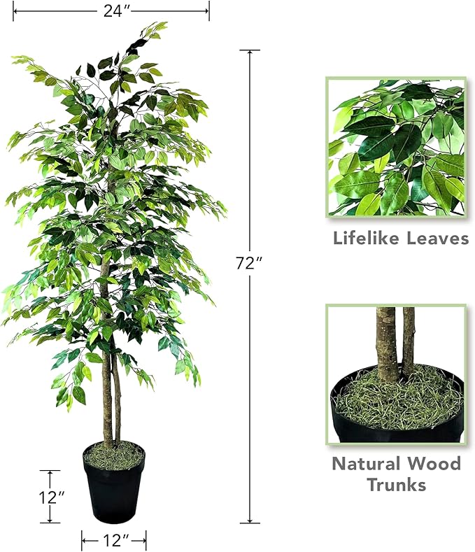 Artificial Ficus Tree in Black Plastic Pot - Real Wood Trunk, Preassembled, No Maintenance Indoor Faux Plant - Living Room, Home & Office Decor (6ft Tall)