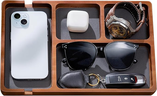 Shinpuru Wooden Valet Tray with Leather Inlay - Nightstand & Desk Organizer - EDC Essentials Catchall Tray for Keys, Phone, Wallet, Watch, Earbuds - Stylish Storage (Wood)