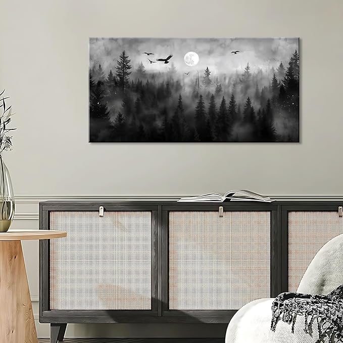 ZESTRILIA Forest Wall Art Black & White Moon Night Retro Canvas Prints Modern Rustic Paintings Nordic Artwork Landscape Picture for Country Farmhouse Living Room Bedroom Home Office Décor (20x40inch)