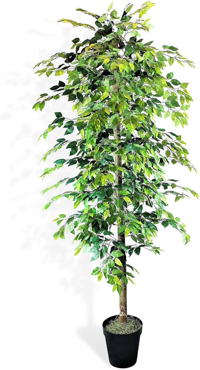 Artificial Ficus Tree in Black Plastic Pot - Real Wood Trunk, Preassembled, No Maintenance Indoor Faux Plant - Living Room, Home & Office Decor (8ft Tall)
