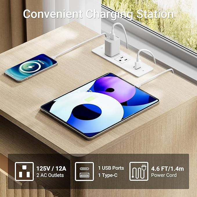 Large Fluted Nightstand Set of 2 with Charging Station, 23" Modern Farmhouse Night Stand, 2 Drawers End Table with Storage, Bedside Table for Bedroom Sofa Home Office, Natural Oak