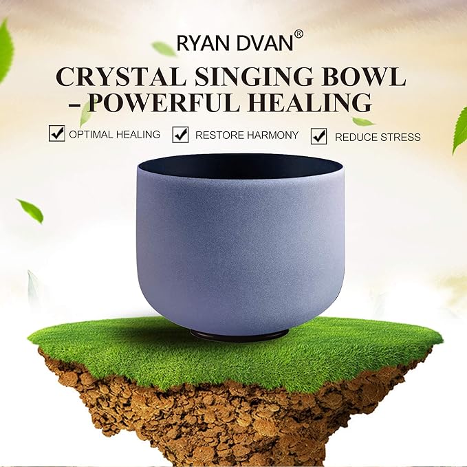RYAN DVAN 8” A Note Indigo Frosted Third Eye Chakra Crystal Singing Bowl with Free Heavy-Duty Carrying Case and Suede Striker O-Ring