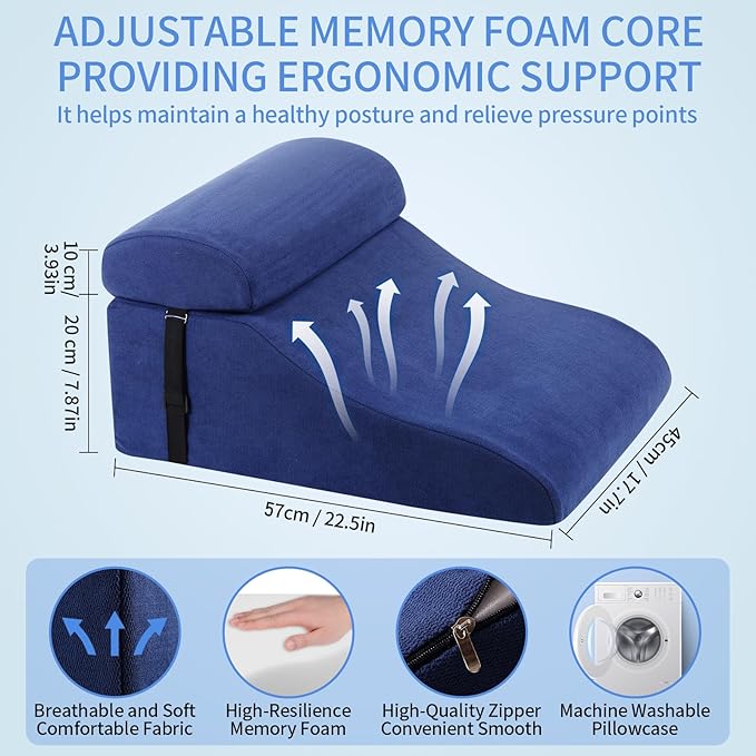 Reading Pillow for Bed Adult, Memory Foam Wedge Pillow Headboard with Adjustable Lumbar Support Backrest Cushion for Sitting in Bed/Resting/Bedrest, Couch or Floor, Blue