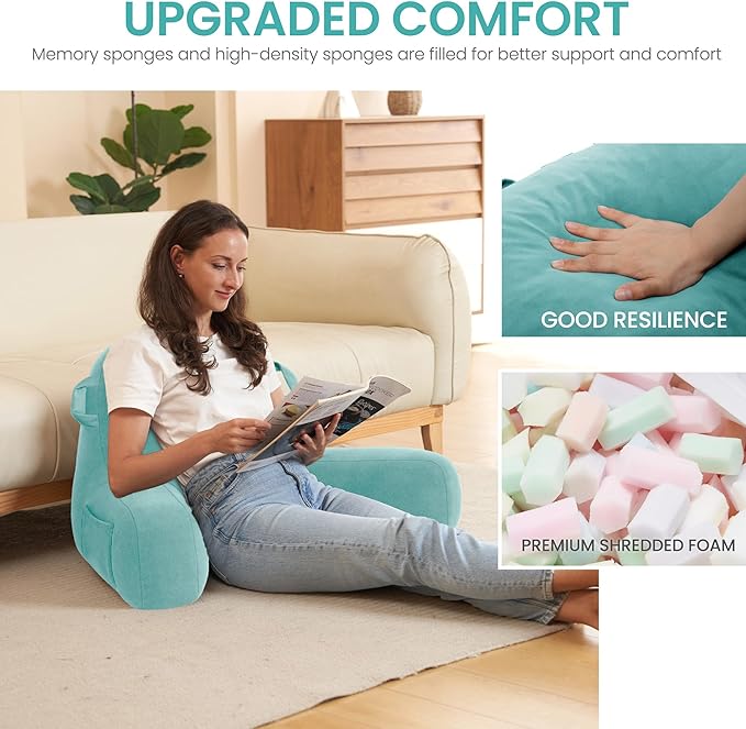 Portable Comfy Reading Pillows for Bed Sitting Up(Lake Blue Oeko-Tex), Velvet Back Pillow with Arms & Pockets for Adults, Support Memory Foam Bed Pillow for Dorm/Reading/Watching/Gaming